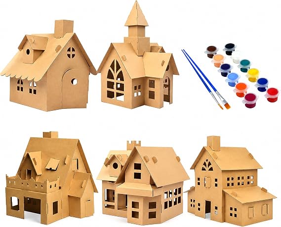 NUOBESTY 5 Pack DIY Cardboard Christmas House Kit for Kids with Paint Set | Blank 3D Puzzle Village Paper Building Project. Includes 12 Watercolors & 2 Brushes. Fun Holiday Activity for Children
