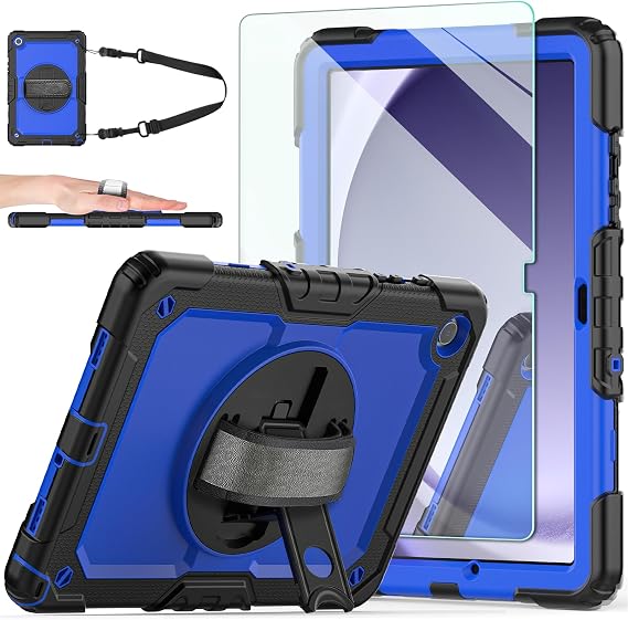 Ambison Case for Samsung Galaxy Tab A9 Plus 11'' 2023, Blue | Hand Strap, 9H Tempered Glass Screen Protector, Rotating Stand, Carrying Shoulder Strap, Heavy Duty, Rugged, Pencil Holder