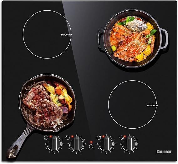 Karinear 4 Burner Induction Cooktop 24 Inch Electric Cooktop, 220-240V Built-in Induction Stovetop with Electronic Knob Control, Glass Cooktop, 9 Power Levels, 7000W, No Outlet Plug