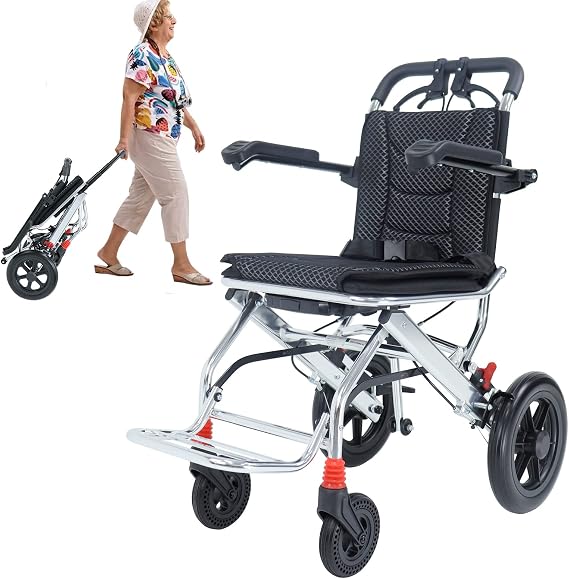 Portable Folding Wheelchair Ultra-Light Wheelchair for The Elderly and ChildrenTravel Wheelchair with Luggage Trolley(Load-Bearing 220 lb