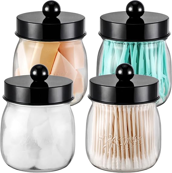 SheeChung 4 Pack Acrylic Mason Jar Qtip Holder Dispenser with Labels, Black