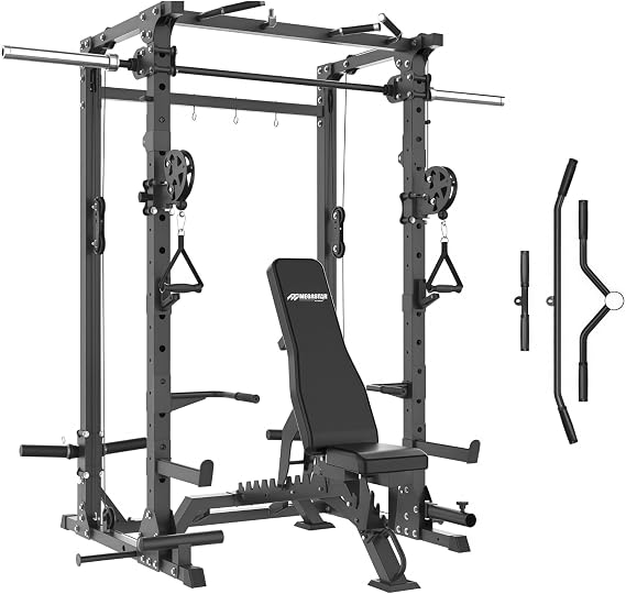 Smith Machine, 5 in 1 Heavy-Duty Squat Rack with Cable Crossover, All-in-One Home Gym Power Rack for Full-Body, Dual 1:1 Pulley System