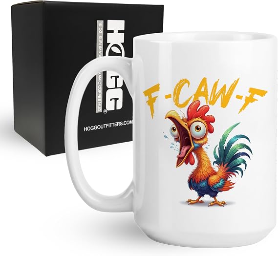 F-Caw-F Coffee Mug, Fun Coffee Mugs, Funny Cups, Fcawf, F Caw F, Funny Cups for Adults, 15 oz Ceramic Fcawf Chicken, Hidden Message, Adult Humor Gag Gift, White Elephant Gift