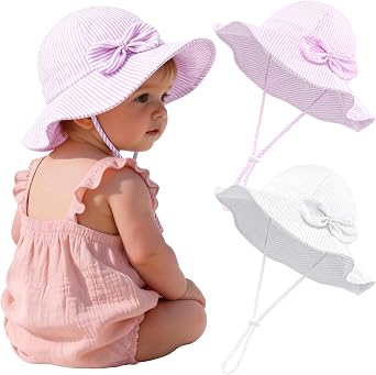 Cooraby 2 Pack Baby Girl Sun Hat with UPF 50+ Outdoor Adjustable Beach Hat with Wide Brim Bucket Hats for Toddlers