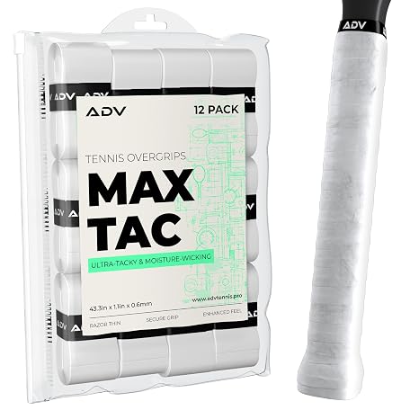 ADV MaxTac Tennis Overgrip, Tacky Moisture-Wicking Grip (White, 12-Pack) | Ultra tacky surface, wicks moisture, razor thin so grip size barely changes
