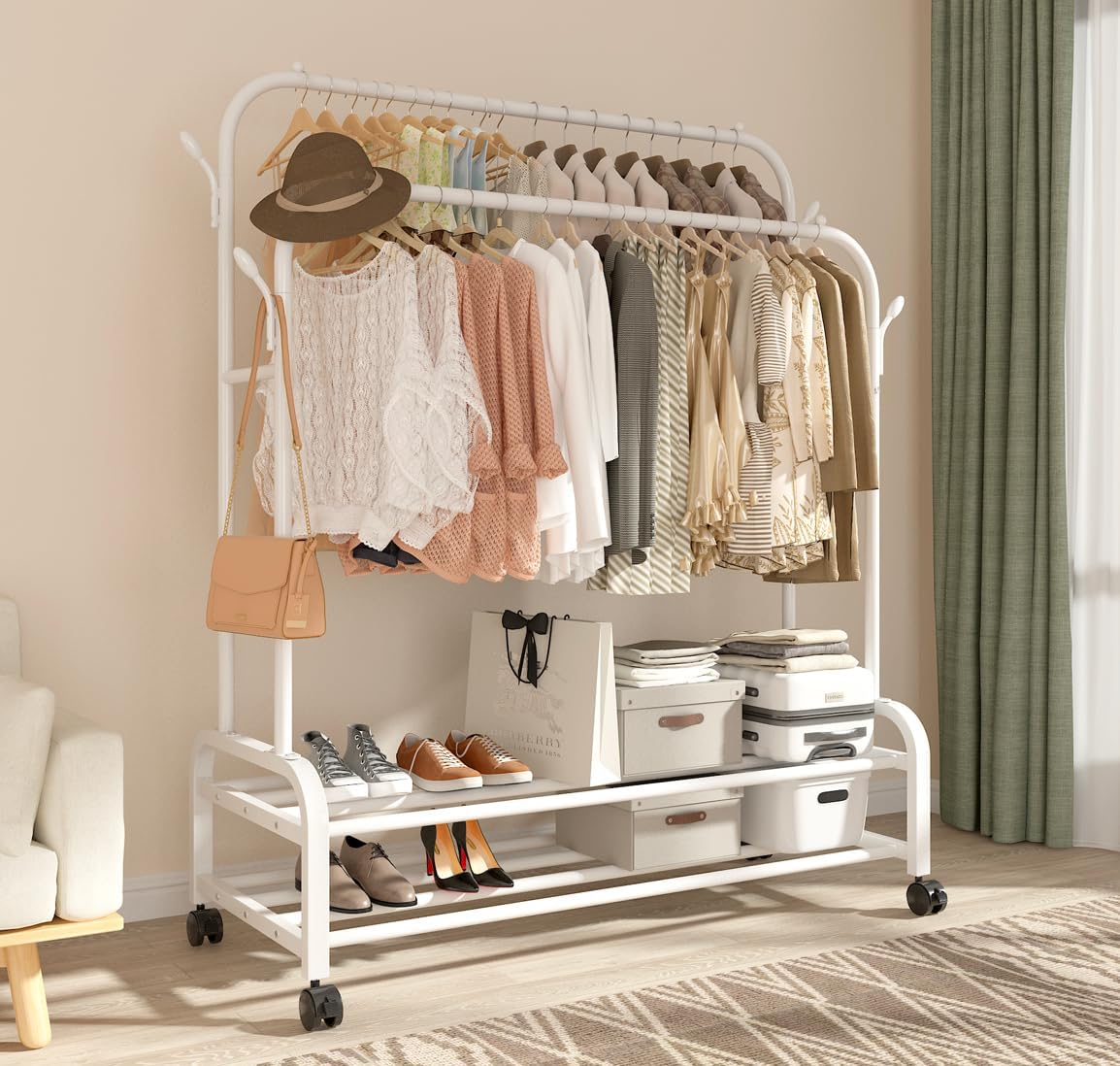 Antiwar Sturdy Metal Double Rodding Clothes Rack With Wheels, Portable Clothing Rack With Shelves & Hooks, Heavy Duty Garment Racks for Hanging Clothes, Multi-Functional Closet Rack for Bedroom, Black