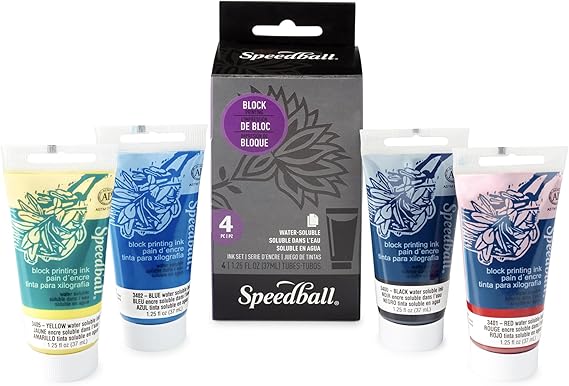 Speedball Water-Soluble Block Printing Ink Set 4 Bold Colors With Satiny Finish - 1.25 FL OZ Tubes