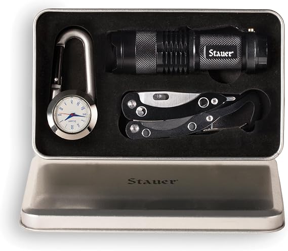 Stauer Survival Box Multi Tool, Flashlight, Carabiner Watch for Outdoor Adventures Hiking and Camping Supplies in a Practical Silver Box