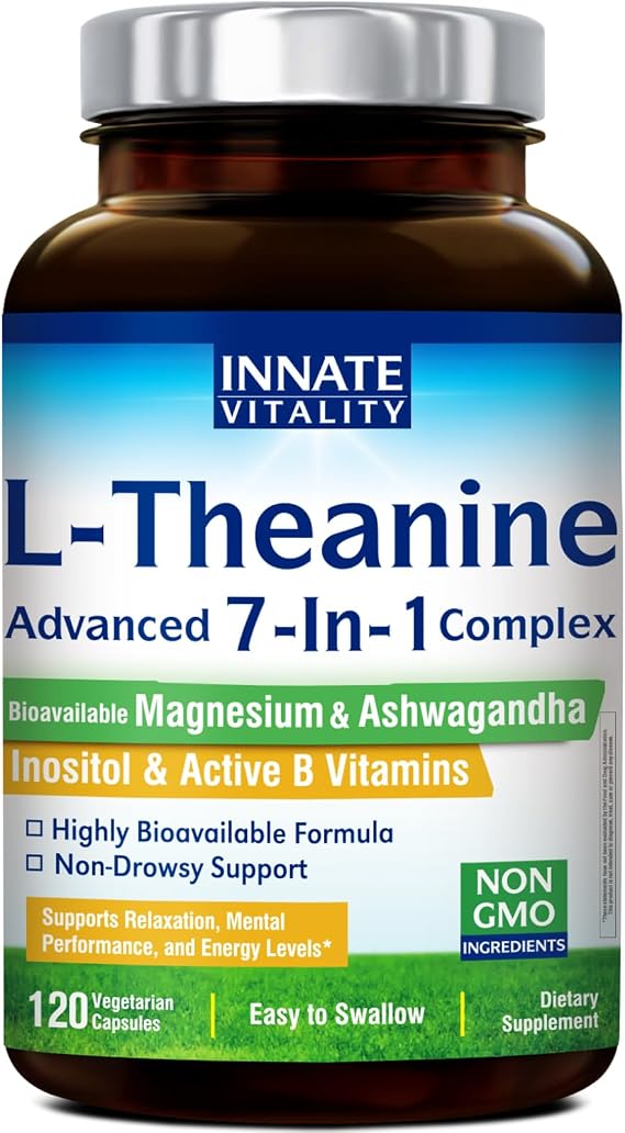 Innate Vitality L-Theanine Supplement 200 mg, Ashwagandha, Magnesium Glycinate, Inositol, Vitamin B6, Non-GMO, Hormone Harmony, Relaxation, Mental Performance and Energy Support, 120 Capsules
