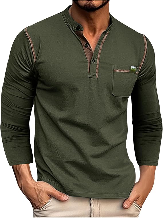 T Shirts for Men Long Sleeve Solid Henley Pullover Shirt Causal Fashion Gym Workout Tee Tops Athletic Pullover