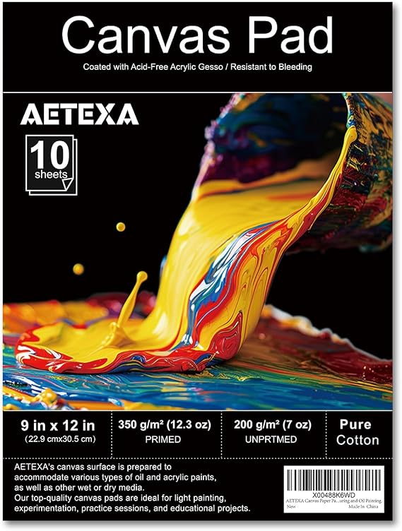 AETEXA Canvas Paper Pad, 9x12 Canvas Pad, 10 Sheets, 12.3 oz Gesso, Glue Bound, Art Supplies for Adults and Teens, for Acrylic Pouring and Oil Painting.