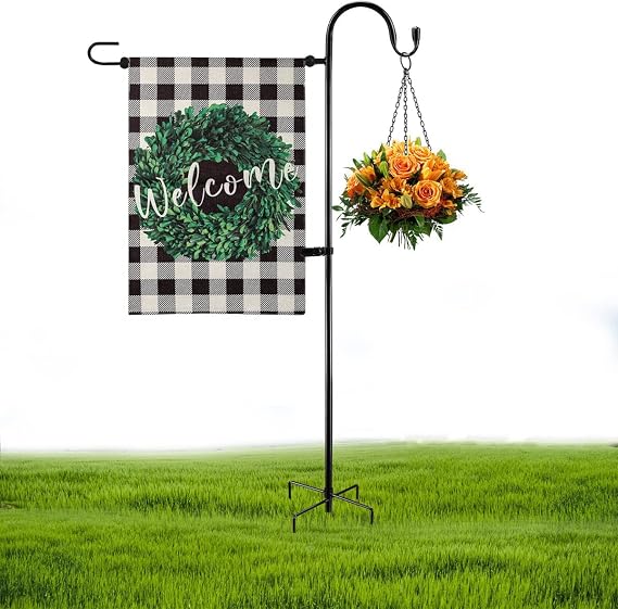Garden Flag Holder Stand and Shepherds Hooks, 48 Inch Height with 1/2 Thick Metal Pole-Outdoor Lawn Yard Stake for Small 12x18, Solar Lights-Mini (1), Black (GFSH-X1)