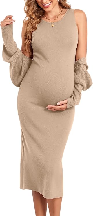 V FOR CITY Maternity Dress Baby Shower Dress 2 Piece Sets Sweater Dresses Postpartum Tank Slit Cropped Cardigan Long Sleeve