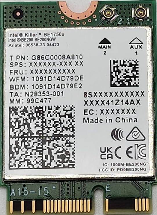 Intel Killer BE200 1750x & BT 5.4 Wi-Fi 7 Card with M.2. pcie Key E Interface for Intel Processors Single Pack. Ultra Low Latency Ideal for Gaming., white/Green