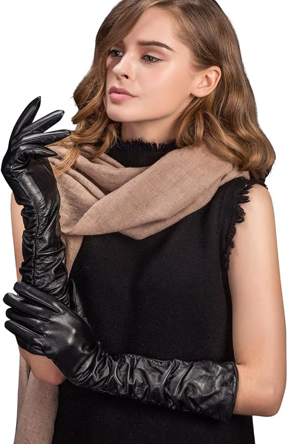 YISEVEN Womens Long Leather Gloves Opera Length Touchscreen with Pleat Detail