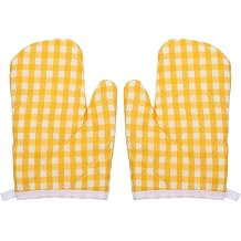 2Pcs Kids Oven Mitts, Red Grid Kitchen Gloves, Anti- Scald Gloves Microwave for Toddler Kitchen Cooking Baking BBQ Grilling(Yellow)