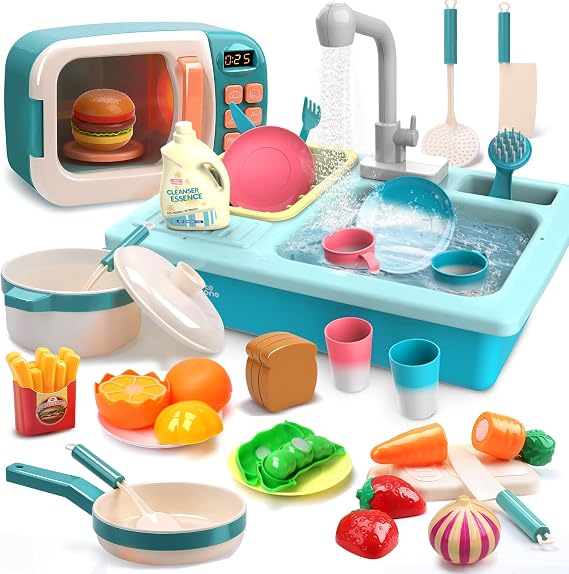 CUTE STONE Color Changing Kitchen Sink Toys, Electronic Microwave Toys with Sounds and Light, Play Food, Kids Cookware Pot and Pan, Cooking Utensils, Pretend Role Play Toys for Boys Girls