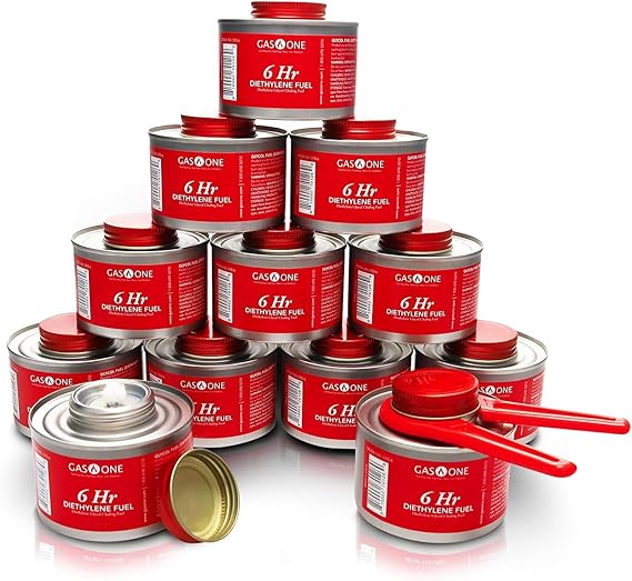 Gas One 12 Pack 6 Hour Fuel - Food Warmer for Sharpening Dishes Buffet Set - Reusable Liquid Safe Fuel with Wick and Lid Opener