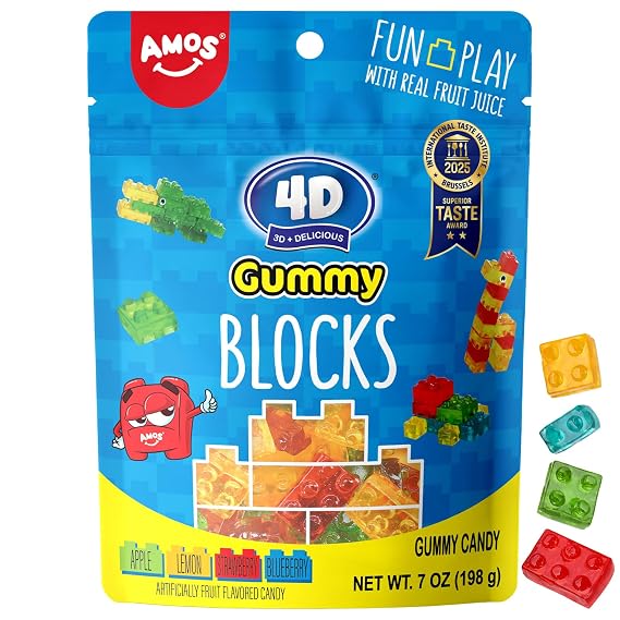 AMOS 4D Gummy Blocks Candy, Themed Novelty Candy for Kids Birthday Party, Resealable 7oz Bag (Pack of 1)