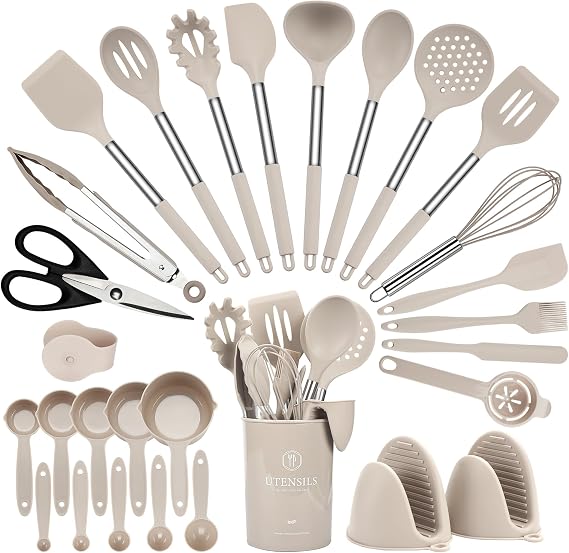 Hvygss 28 Pcs Silicone Cooking Utensils Set with Stainless Steel Handle, 446F Heat-Resistant Kitchen Utensils Set with Holder, Dishwasher Washable Silicone Spatula for Non-stick Cookware (Khaki)