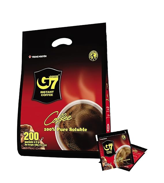 Trung Nguyen G7 Instant Coffee Pure Black 100% Soluble Coffee Strong and Bold Instant Vietnamese Coffee (200 Packets)