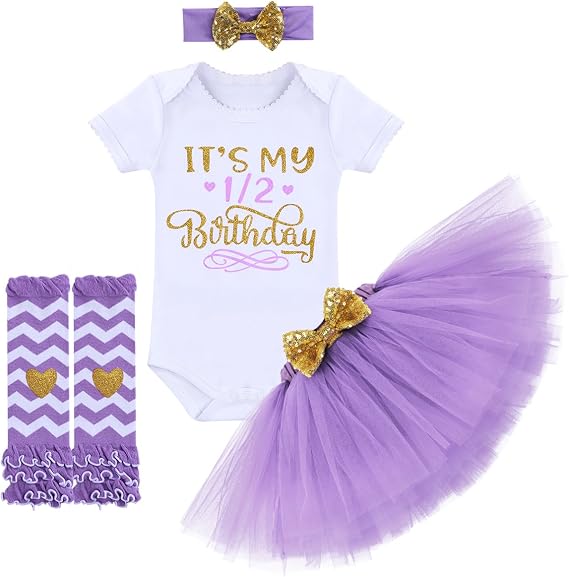 OBEEII Baby Girl 1/2 1st 2nd Birthday Outfit Short Sleeve Romper Tutu Skirt Headband Leg Warmers Set Cake Smash Photoshoot