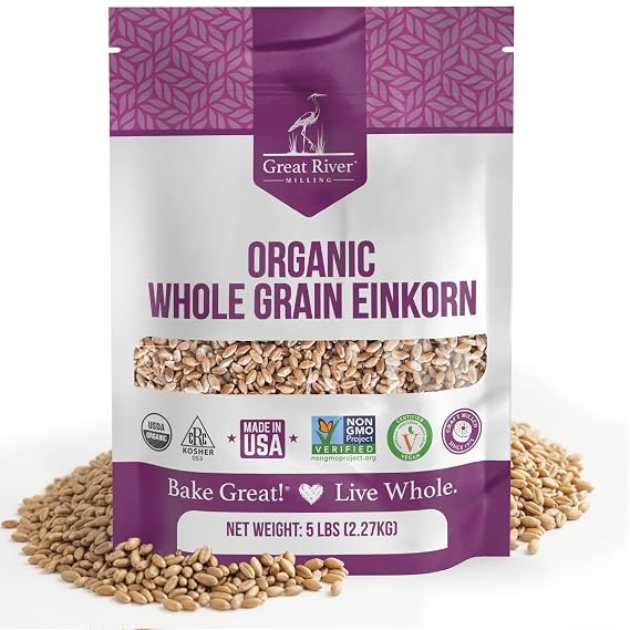 Great River Milling Organic Einkorn Wheat Berries, Ancient Grain, 5 lb | Organic Einkorn Wheat Berries for home-milled flour, bread, sourdough, soups, salads and grain bowls; chewy cooked grain or