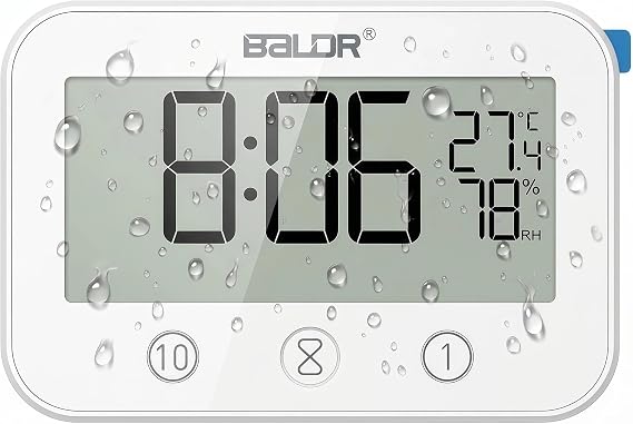 Digital LCD Waterproof Timer Shower Clock, Waterproof for Water Spray, Bathroom Clock Wall Mount, Two Suction Cup, Displays Time, Temperature, and Indoor Relative Humidity (1, White)