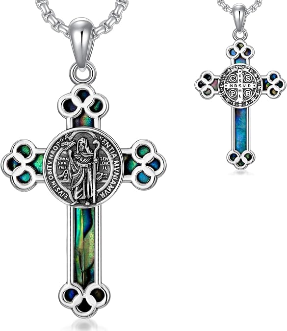 PROESS Caravaca Crucifix Orthodox Cross Necklace 925 Sterling Silver St Benedict Jesus St Brigid Cross Necklace Religion Pendant Jewelry Gifts for Men Women
