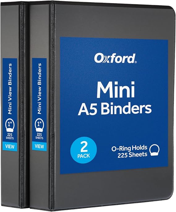 Oxford Mini View Binders, 1" Round Rings, Small Binders for School or Office, Holds A5 Size Paper, 2 Clear Pockets, PVC-Free, Non-Stick, 5.5 x 8.5 Inches, Holds 225 Sheets, Black, 2 Pack (1017044)
