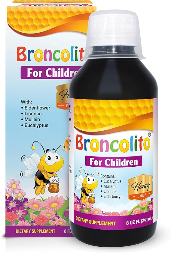 BRONCOLITO Honey Syrup for Kids, 8 fl oz - Elderflower Syrup with Licorice Root, Mullein Leaf, Eucalyptus and Lemon Propolis Extract - Sambucus Dietary Supplement for Bronchial Wellness