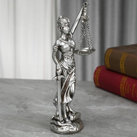 Lady Justice Statue 8 inch Resin Sculpture with Sword & Scales, Symbol of Fairness, Lawyer Office Decor, Law Student Gift, Bookshelf Ornament Home & Office Decoration - Antique Silver