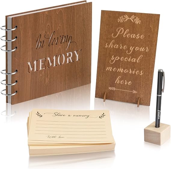 Creawoo Wooden Funeral Guest Book for Memorial Service Celebration of Life Decorations, Hardcover In Loving Memory Guestbook Set with White Pages, Included Share a Memory Cards, Table Sign, Pen (8.5")