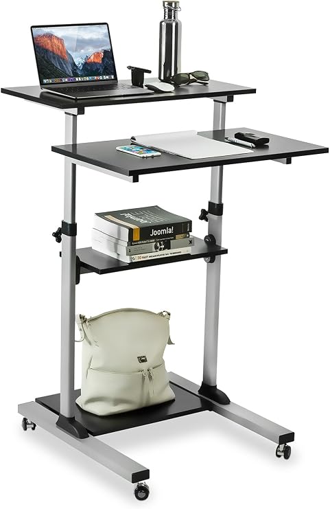 Mount-It! Rolling Standing Desk Adjustable Height up to 54.7", Portable Laptop Podium Desk on Wheels, Mobile Presentation Cart with Shelves, Adjustable Computer Workstation Home Office, Classroom