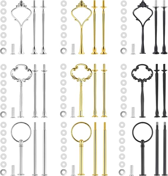 3 Tiers Cake Stand Hardware with Strong Support, 9 Sets Tiered Hardware Fittings (6 Sets Large Diameter) for Cake Stand Mold, Hardware for Christmas Dinner Party (3 Golden, 3 Silver, 3 Black)