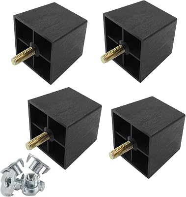 2-Inch Plastic Furniture Legs - Pack of 4 Black Sofa Legs, Square Replacement Feet for Sofas, Tables, and Chairs with M8 Hanger Bolts
