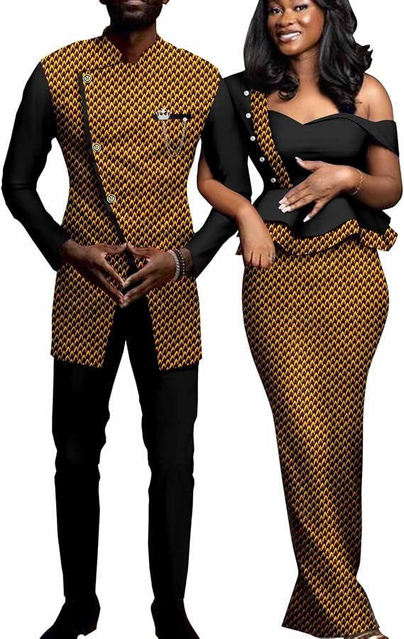 African Couple Outfits Women Print Wax One Shoulder Pencil Dress with Men Dashiki Jacket Shirt and Pants Sets