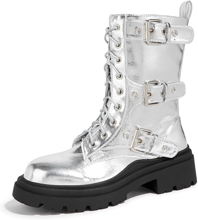 LUCKY STEP Women's Combat Boots-Platform Chunky Mid Calf Boots Ankle Booties Motorcycle Side Zipper Buckles Goth Booties