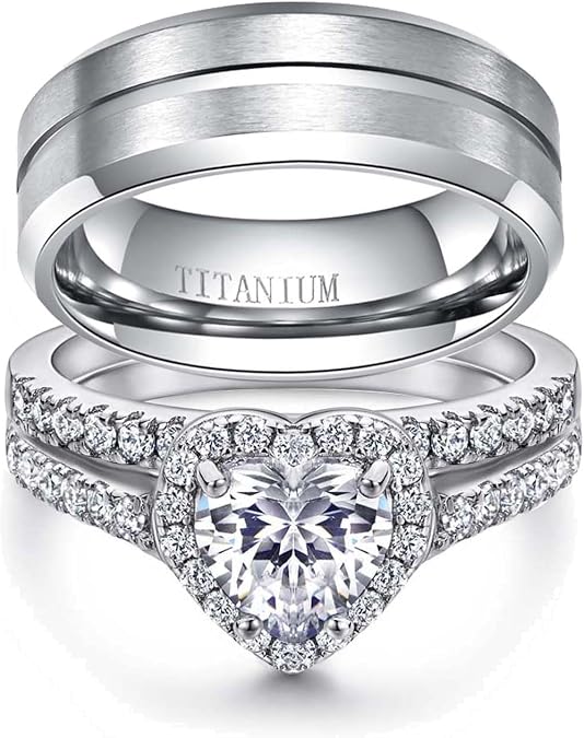 Couple Rings Matching Ring Heart AAA CZ White Gold Plated Women Wedding Ring Sets for Him and Her Rings