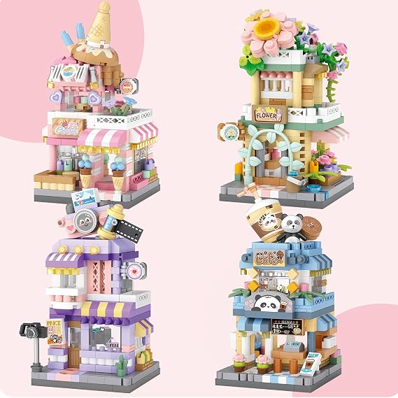 MEIEST 4 Mini City Shop Street View Building Blocks Model Set Simulation Architecture Collection Particle Construction Building Blocks Toys Home Decoration