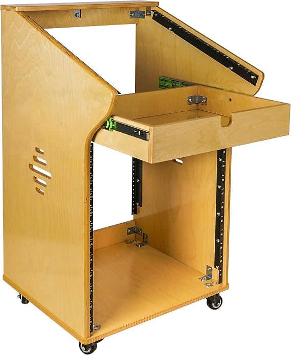 Sound Town DIY Solid Baltic Birch Plywood Recording Studio Rack, Audio Equipment Rack with 11U Slant Mixer Top,12U Front, 2U Drawer, Rubber Feet, Casters, Golden Oak (SDRK-M11X12)
