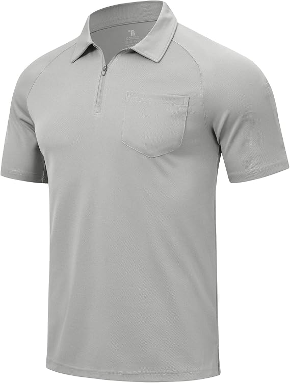 Rdruko Men's Shirts with Pockets Short Sleeve Quick Dry Golf Polo Work Shirts(Light Gray, US XL)