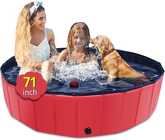 CACSPS Foldable Dog Pool, 71" x 14" Large Kiddie Pool with Hard Plastic, Non-Slip Dog Bath Tub for Outdoor Backyard, Collapsible Dog Swimming Pool for Kids Dogs Pets (Red)