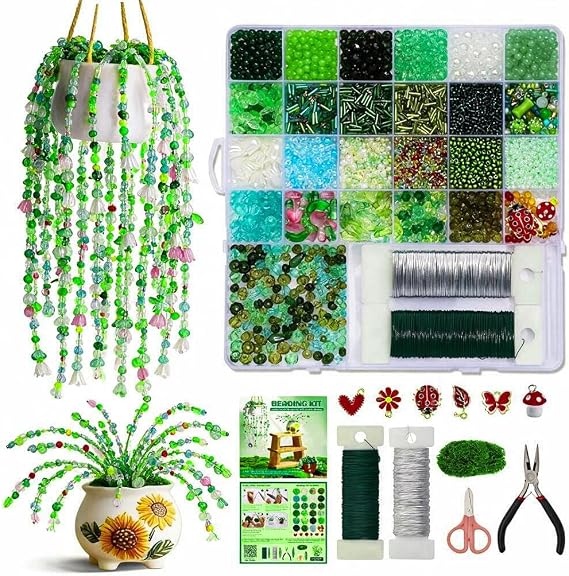 GarfxG Beaded Plant Kit, Green Glass Beads Plants Kit with DIY Making Tools