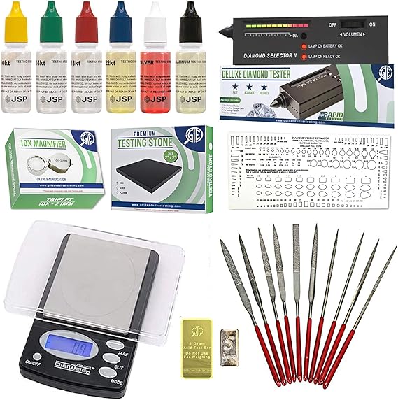 Gold Silver Platinum Diamond Jewelry Tester Appraisal Kit 10K 14K 18K 22K 24K Electronic Scale Test 30X Eye Loupe Magnifier Precious Metals 999 925 Scrap