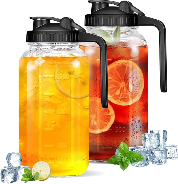 2Pack Glass Pitcher - 64 OZ Mason Jar Glass Jug Breast milk Containers, Wide Mouth,Airtight & Leakproof Pitcher with Pour Spout Lids for Water, Juice, Milk, Tea, Iced Coffee
