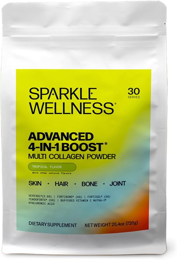 Sparkle Wellness Advanced 4-in-1 Boost Whole Body Collagen (Tropical) | 4 Collagen Peptides for Skin, Hair, Bone & Joint Health, with Vitamin C & Hyaluronic Acid