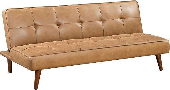 Benzara Sena Futon Convertible Sofa Bed Sleeper Couch, Light Brown Faux Leather