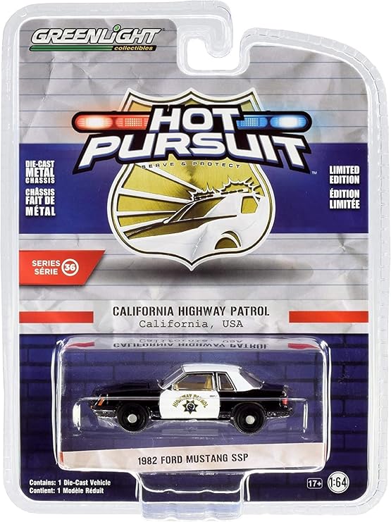 1982 Ford Mustang SSP Black and White CHP California Highway Patrol Hot Pursuit Series 36 1/64 Diecast Model Car by Greenlight 42930 C