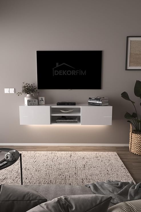 DF17102 LED Işıklı Duvara Monte TV Ünitesi, 2 Kapaklı Dolaplı, Raflı 150 cm TV Alt Ünitesi BEYAZ